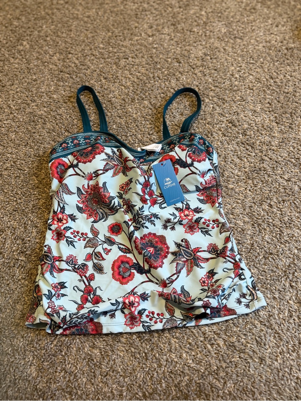 Cupshe Floral Tankini Top in Light Blue and Red with Teal Straps